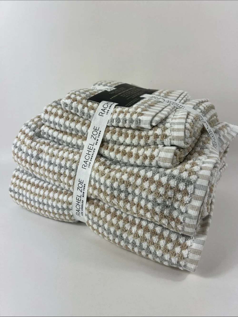 Rachel Zoe Bath Towel Set Grey Tan White Waffle Soft 100% Cotton 6 Pc NEW